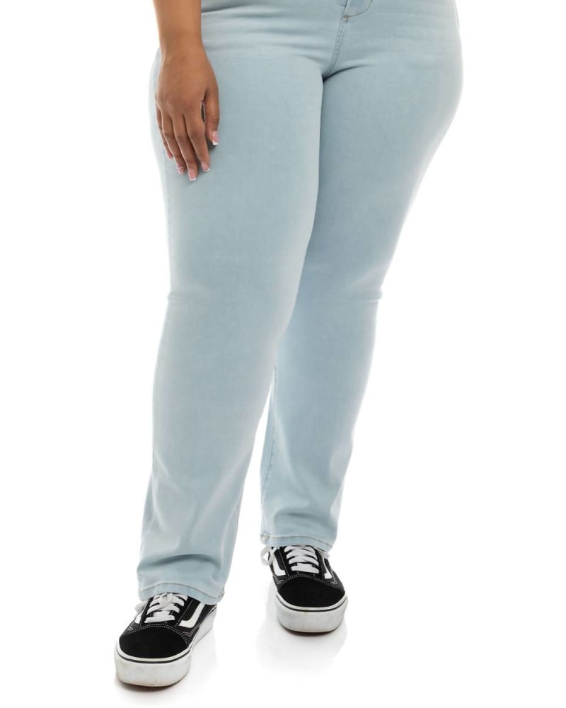 Front of a model wearing a size 22W Plus Better Butter Sheila Mid Rise Slim Straight in Samson in Samson by 1822 Denim. | dia_product_style_image_id:328228